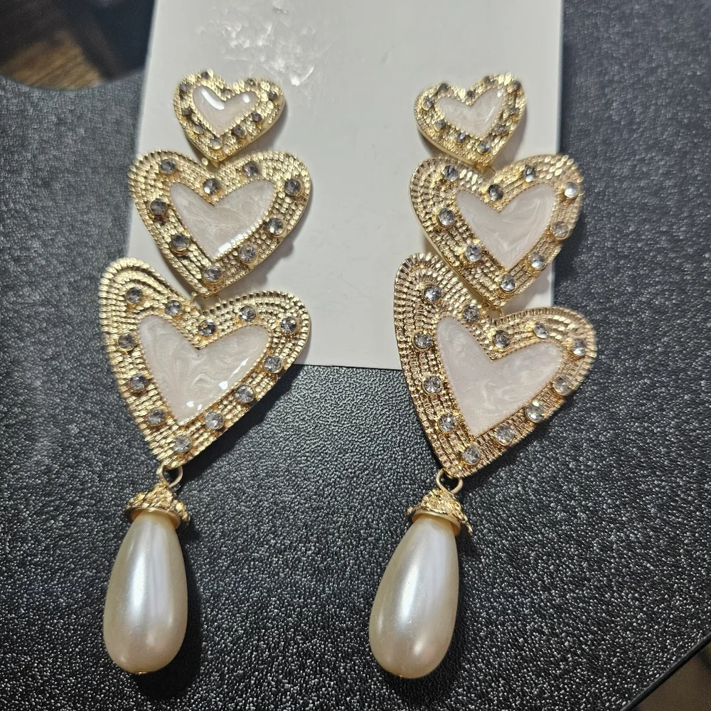 Light Pink Triple Hearts Pearl Rhinestone Statement Earrings Prom Jewelry